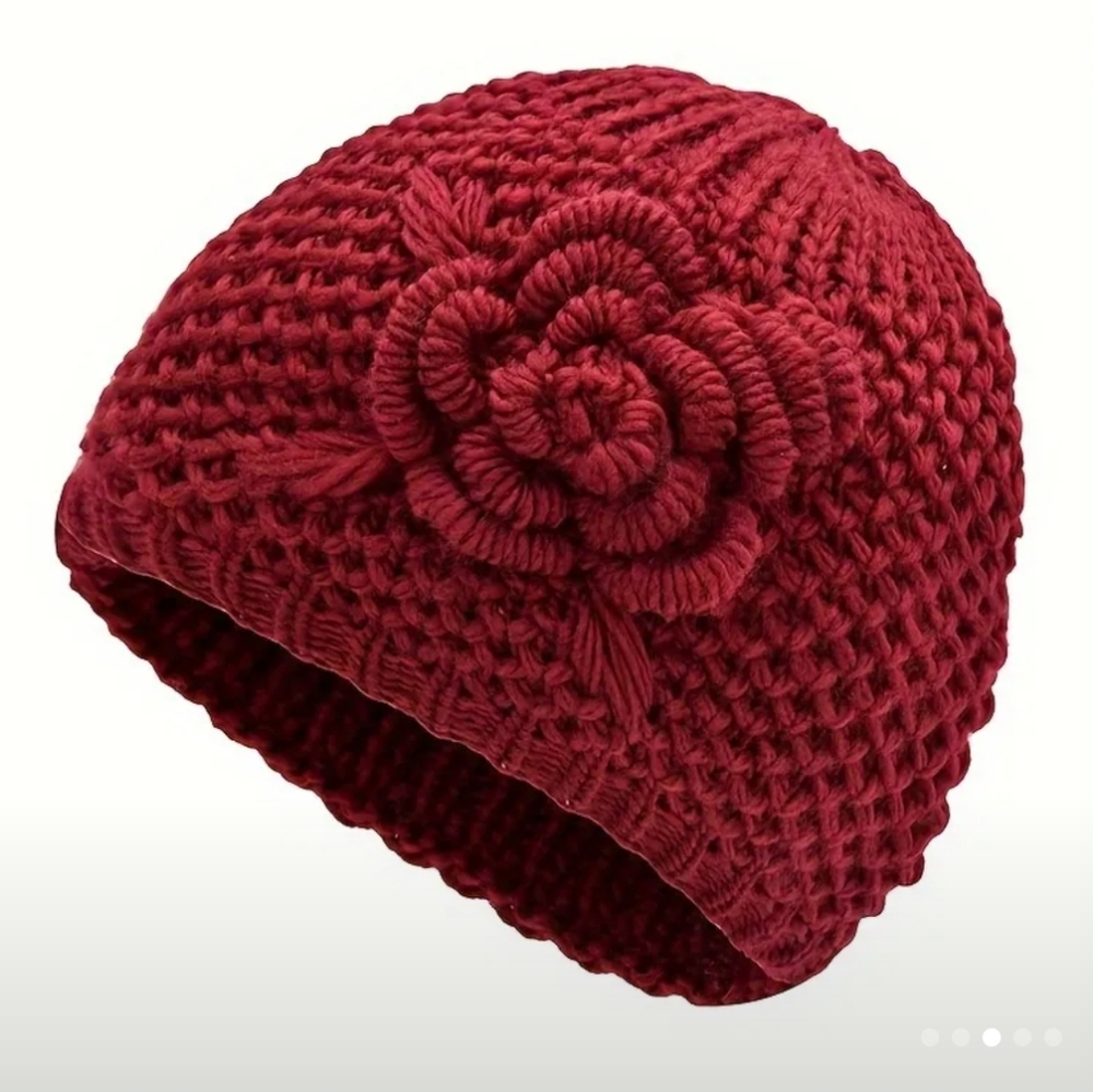 Chunky Knit Beanie with Floral Design Fur Lining, Adult O/S, Burgundy